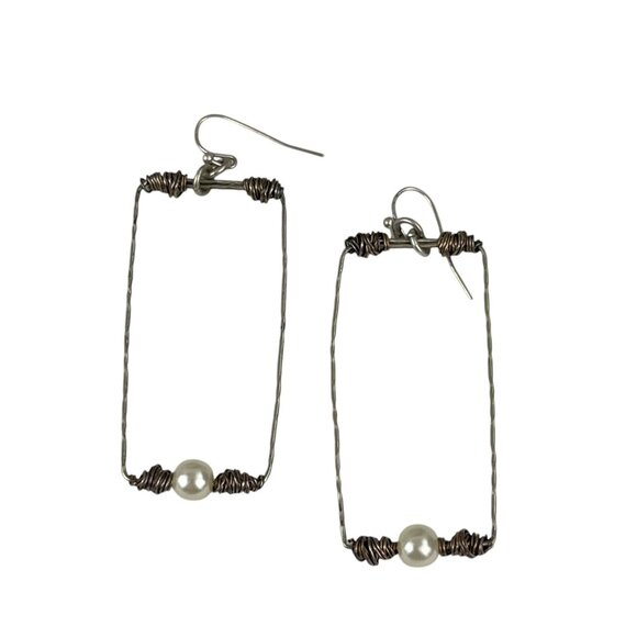 Handcrafted Wire & Pearl Rectangular Dangle Earrings - Picture 1 of 8